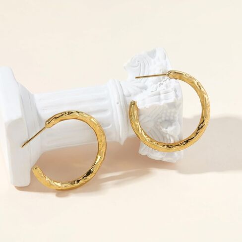 14K Gold Plated Hammered Hoop Earrings for Women - 30mm Medium Open C Shaped Textured Circle Studs, Lightweight Minimalist Molten Metal Jewelry Gifts in Saudi Arabia