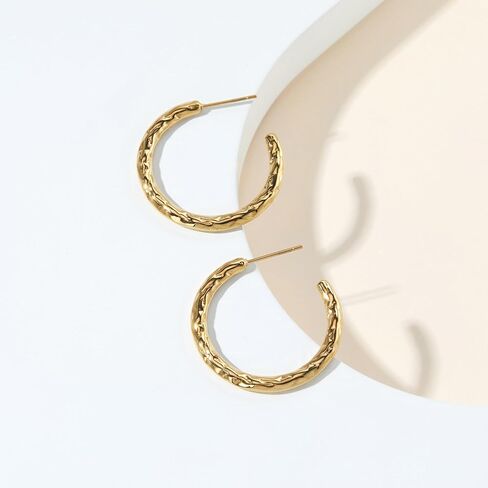 14K Gold Plated Hammered Hoop Earrings for Women - 30mm Medium Open C Shaped Textured Circle Studs, Lightweight Minimalist Molten Metal Jewelry Gifts in Saudi Arabia