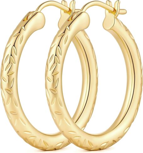 Gold Hoop Earrings 14K Gold Earrings for Women Trendy 14K Gold Hoop Earring for Women Hoops Subtle Tactile Charm with Leaf-Engraved Texture Hoops Earring for Womens 25/30mm in Saudi Arabia