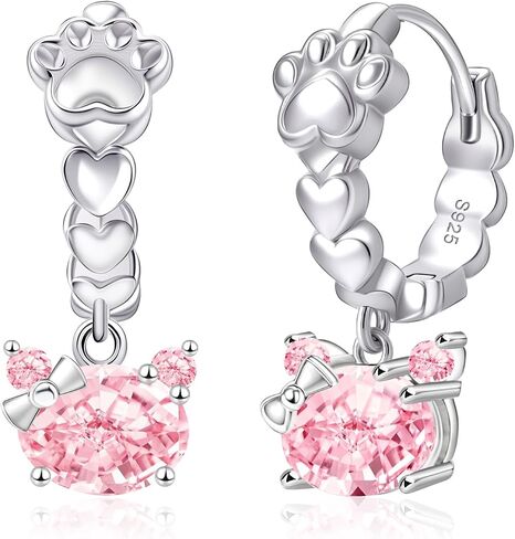 Cat Paw Hoop Earrings for Women 925 Sterling Silver Shiny Pink Cubic Zirconia Paw Cat Huggie Earrings Sweet Cute Animals Piercing Jewelry Gifts for Women Pet Lover Birthday Christmas in Saudi Arabia