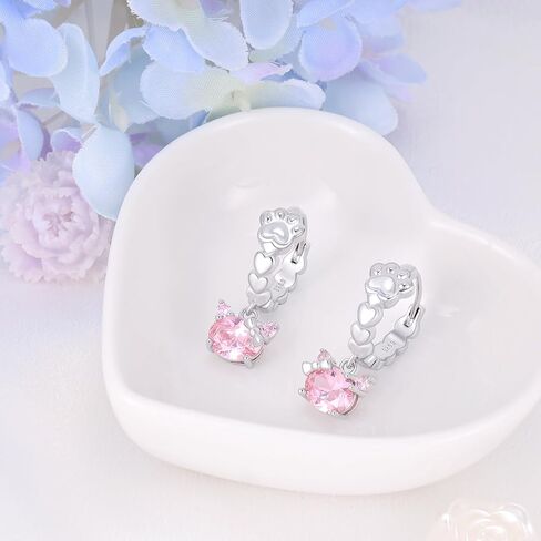 Cat Paw Hoop Earrings for Women 925 Sterling Silver Shiny Pink Cubic Zirconia Paw Cat Huggie Earrings Sweet Cute Animals Piercing Jewelry Gifts for Women Pet Lover Birthday Christmas in Saudi Arabia