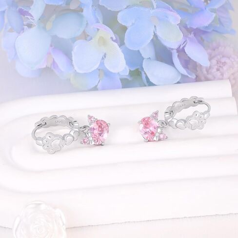 Cat Paw Hoop Earrings for Women 925 Sterling Silver Shiny Pink Cubic Zirconia Paw Cat Huggie Earrings Sweet Cute Animals Piercing Jewelry Gifts for Women Pet Lover Birthday Christmas in Saudi Arabia