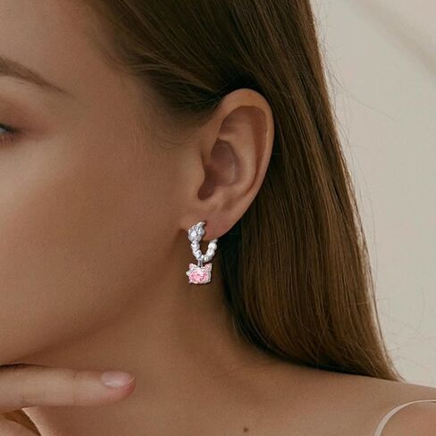 Cat Paw Hoop Earrings for Women 925 Sterling Silver Shiny Pink Cubic Zirconia Paw Cat Huggie Earrings Sweet Cute Animals Piercing Jewelry Gifts for Women Pet Lover Birthday Christmas in Saudi Arabia