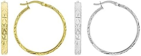 JTV 18k Yellow Gold Over Sterling Silver Diamond-Cut Hoop Earrings Set of 2 - Classic Gold & Silver Hoops for Women, Saddleback Backs - 1 3/16" in Saudi Arabia