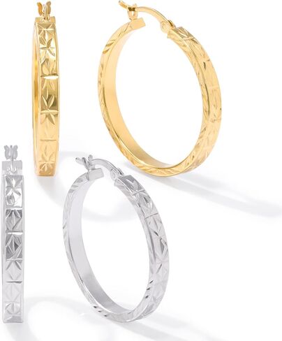 JTV 18k Yellow Gold Over Sterling Silver Diamond-Cut Hoop Earrings Set of 2 - Classic Gold & Silver Hoops for Women, Saddleback Backs - 1 3/16" in Saudi Arabia
