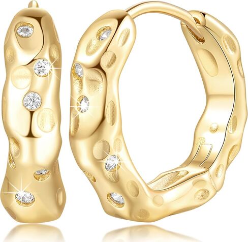 Gold Hoop Earrings 14K Gold earrings for Women 14K Gold Hoop Earring for Women Hoops Earring for Womens Trendy Unique and Irregular Indentations with Cubic Zirconia Hoops 20mm in Saudi Arabia