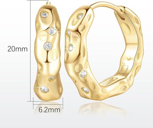 Gold Hoop Earrings 14K Gold earrings for Women 14K Gold Hoop Earring for Women Hoops Earring for Womens Trendy Unique and Irregular Indentations with Cubic Zirconia Hoops 20mm in Saudi Arabia