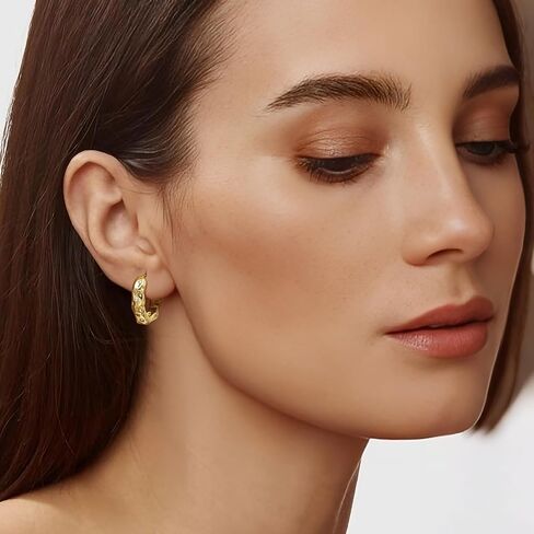 Gold Hoop Earrings 14K Gold earrings for Women 14K Gold Hoop Earring for Women Hoops Earring for Womens Trendy Unique and Irregular Indentations with Cubic Zirconia Hoops 20mm in Saudi Arabia