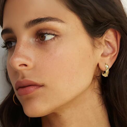 Gold Hoop Earrings 14K Gold earrings for Women 14K Gold Hoop Earring for Women Hoops Earring for Womens Trendy Unique and Irregular Indentations with Cubic Zirconia Hoops 20mm in Saudi Arabia