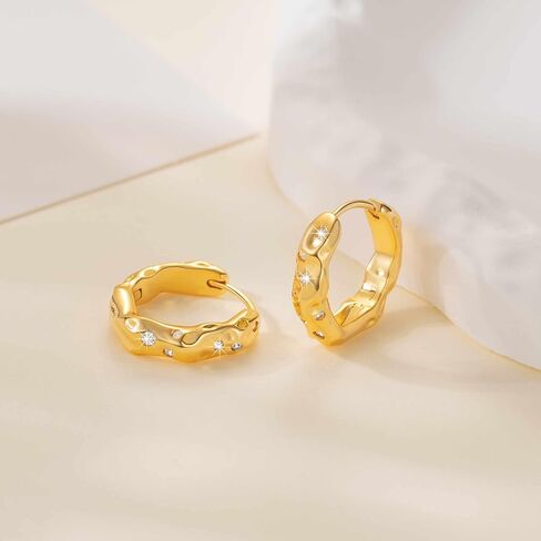 Gold Hoop Earrings 14K Gold earrings for Women 14K Gold Hoop Earring for Women Hoops Earring for Womens Trendy Unique and Irregular Indentations with Cubic Zirconia Hoops 20mm in Saudi Arabia
