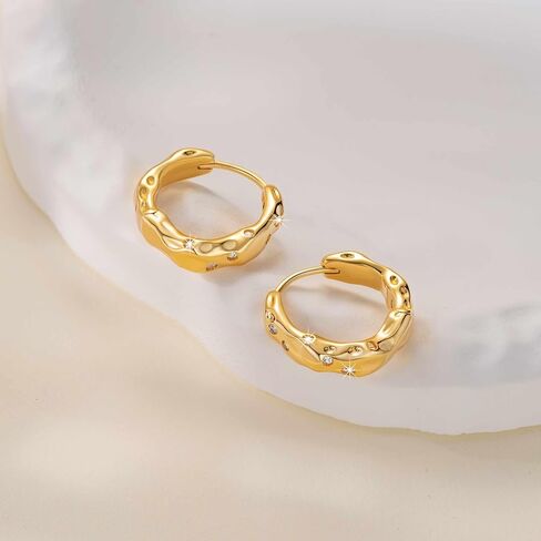Gold Hoop Earrings 14K Gold earrings for Women 14K Gold Hoop Earring for Women Hoops Earring for Womens Trendy Unique and Irregular Indentations with Cubic Zirconia Hoops 20mm in Saudi Arabia