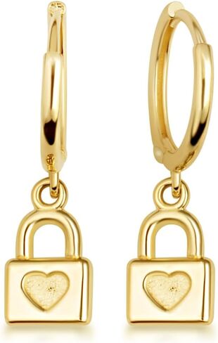 Ladies 10K or 14K Yellow Gold Heart Padlock Love Drop Huggie Hoop Earrings in Kuwait
