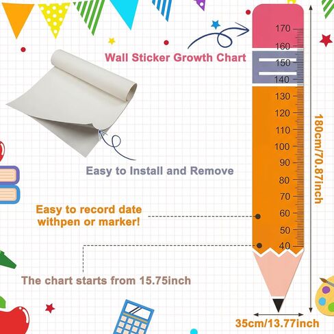 مخطط نمو ديكور الحائط من Geelin Back to School للفصل الدراسي 77 بوصة × 13.8 بوصة على شكل قلم رصاص لقياس الارتفاع ملصق مسطرة PVC للفصول الدراسية وغرفة اللعب والحضانة ورياض الأطفال والمدرسة الابتدائية in Kuwait
