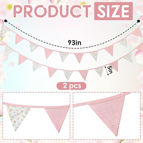 Hahafelt 2 Pcs Floral Pennant Banner Flags Pink Nursery Triangle for Nursery Baby Shower 7.75 ft Double-Sided Gauze Fabric Per String Triangle Bunting Flags for Playroom Wall Decor Birthday in Kuwait