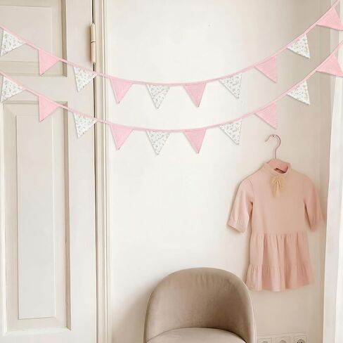 Hahafelt 2 Pcs Floral Pennant Banner Flags Pink Nursery Triangle for Nursery Baby Shower 7.75 ft Double-Sided Gauze Fabric Per String Triangle Bunting Flags for Playroom Wall Decor Birthday in Kuwait