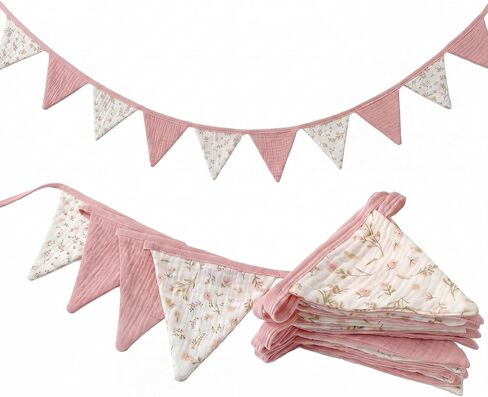 Hahafelt 2 Pcs Floral Pennant Banner Flags Pink Nursery Triangle for Nursery Baby Shower 7.75 ft Double-Sided Gauze Fabric Per String Triangle Bunting Flags for Playroom Wall Decor Birthday in Kuwait