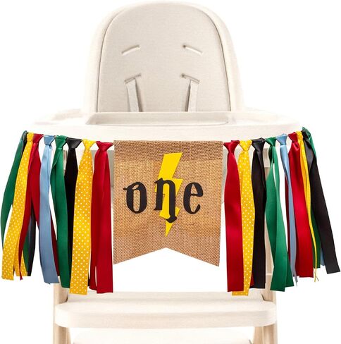 Wizard High Chair Banner - Burlap Lightning Bolt One Banner for Baby Boys Girls, Magic Wizard Themed 1st Birthday Party, Yellow in Saudi Arabia