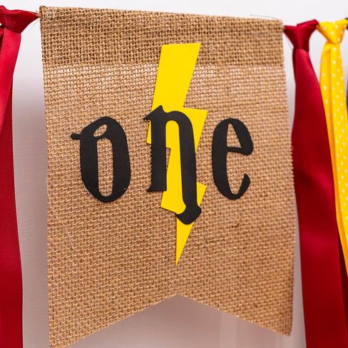 Wizard High Chair Banner - Burlap Lightning Bolt One Banner for Baby Boys Girls, Magic Wizard Themed 1st Birthday Party, Yellow in Saudi Arabia