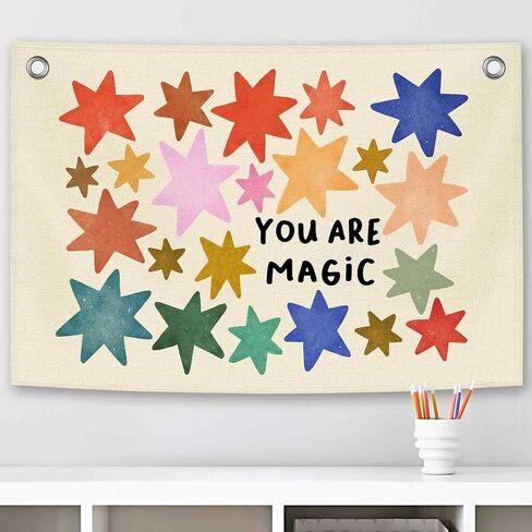 Inspirational Colorful Stars Kids Banner Canvas, Positive You Are Magic Toddler Room Decor, Playroom Hanging Flag Sign, Nursery Wall Tapestry Art for Classroom School Bedroom 20x30in in Saudi Arabia