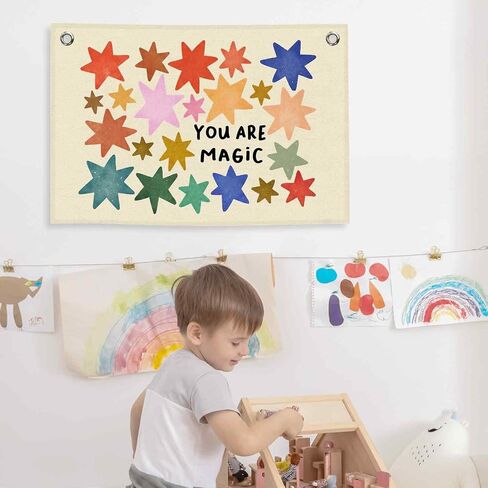 Inspirational Colorful Stars Kids Banner Canvas, Positive You Are Magic Toddler Room Decor, Playroom Hanging Flag Sign, Nursery Wall Tapestry Art for Classroom School Bedroom 20x30in in Saudi Arabia