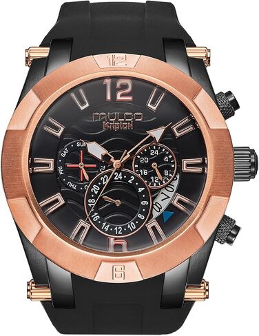 MULCO Watches for Men – Kripton Royale – 46mm Stainless Steel Case, Black Dial with Silicone Strap, Quartz Multifunction Day & Date Movement, Analog Display, Rose Gold Accents, 100M Water Resistant in Kuwait
