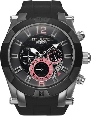 MULCO Watches for Men – Kripton Royale – 46mm Stainless Steel Case, Black Dial with Silicone Strap, Quartz Multifunction Day & Date Movement, Analog Display, Rose Gold Accents, 100M Water Resistant in Kuwait