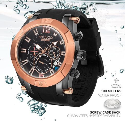 MULCO Watches for Men – Kripton Royale – 46mm Stainless Steel Case, Black Dial with Silicone Strap, Quartz Multifunction Day & Date Movement, Analog Display, Rose Gold Accents, 100M Water Resistant in Kuwait