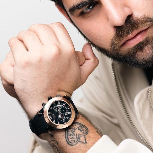MULCO Watches for Men – Kripton Royale – 46mm Stainless Steel Case, Black Dial with Silicone Strap, Quartz Multifunction Day & Date Movement, Analog Display, Rose Gold Accents, 100M Water Resistant in Kuwait