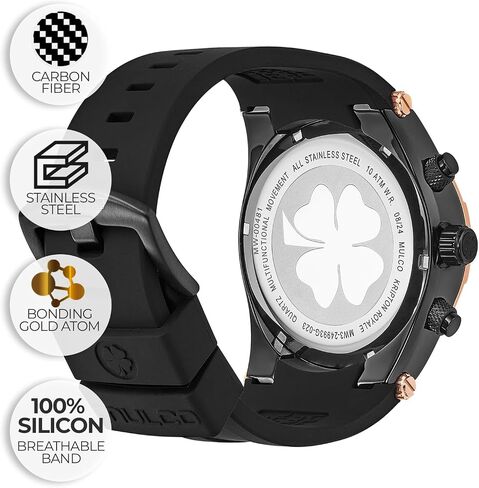 MULCO Watches for Men – Kripton Royale – 46mm Stainless Steel Case, Black Dial with Silicone Strap, Quartz Multifunction Day & Date Movement, Analog Display, Rose Gold Accents, 100M Water Resistant in Kuwait