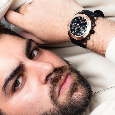 MULCO Watches for Men – Kripton Royale – 46mm Stainless Steel Case, Black Dial with Silicone Strap, Quartz Multifunction Day & Date Movement, Analog Display, Rose Gold Accents, 100M Water Resistant in Kuwait