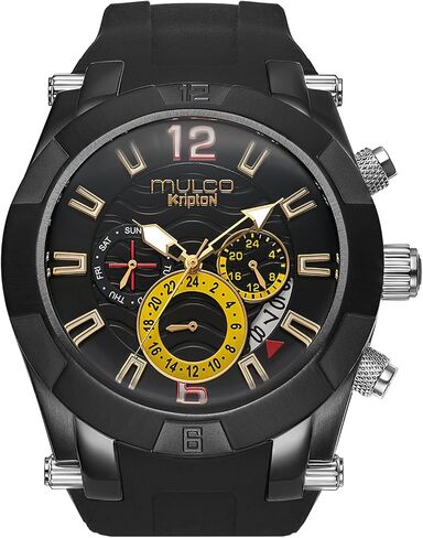 MULCO Watches for Men – Kripton Royale – 46mm Stainless Steel Case, Black Dial with Silicone Strap, Quartz Multifunction Day & Date Movement, Analog Display, Rose Gold Accents, 100M Water Resistant in Kuwait