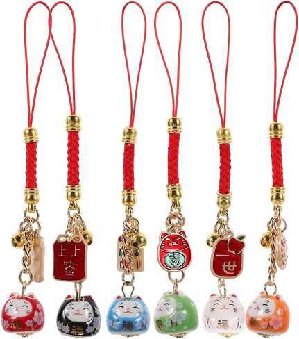 6Pcs Lucky Cat Keychain：Charms Maneki Neko Pendant Japanese Keychain Gifts Good Luck Charms Strap Fengshui Fortune Beckoning Cat Good Health Mascot Avoid Evil Pendants in Saudi Arabia