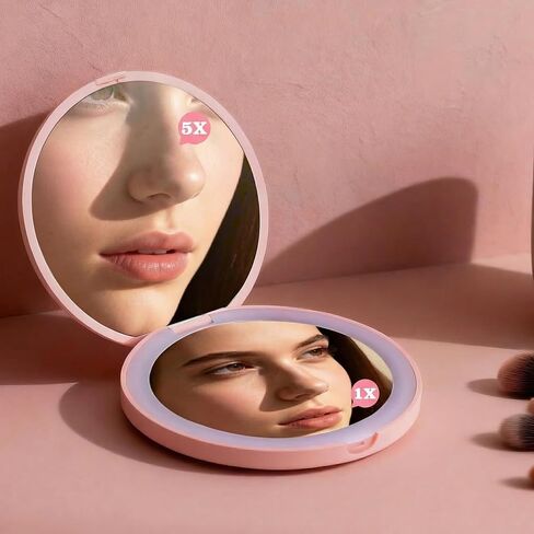 مرآة زينة عالية الدقة LED عالية السطوع، مزدوجة الجوانب (1X قياسية ومكبرة 5X)، مرآة جيب خفيفة الوزن قابلة لإعادة الشحن، مرآة مكياج صغيرة للسفر للنساء، تجميل يومي ولمسات لمسية أثناء التنقل، وردي in Kuwait