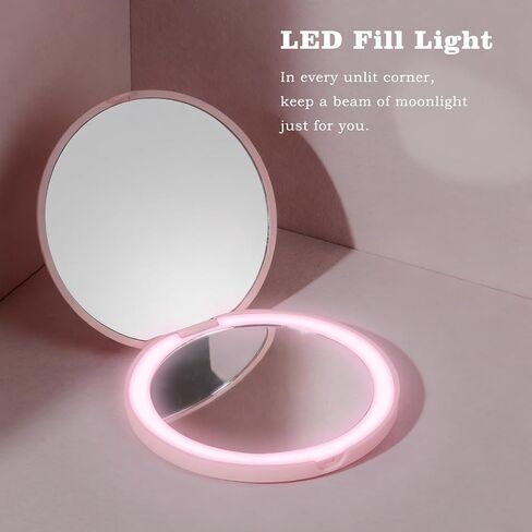 مرآة زينة عالية الدقة LED عالية السطوع، مزدوجة الجوانب (1X قياسية ومكبرة 5X)، مرآة جيب خفيفة الوزن قابلة لإعادة الشحن، مرآة مكياج صغيرة للسفر للنساء، تجميل يومي ولمسات لمسية أثناء التنقل، وردي in Kuwait