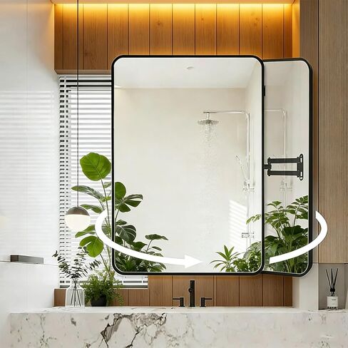 20x27.5in Rectangular Pivot Corner Mirror Bathroom,with Brushed Metal Frame, Swivel Extendable Arm, Rotating Tilting Corner Vanity Mirror, Vertical and Horizontal (Black) in Saudi Arabia
