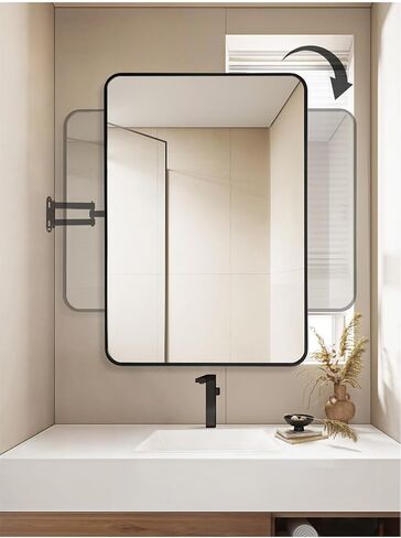 20x27.5in Rectangular Pivot Corner Mirror Bathroom,with Brushed Metal Frame, Swivel Extendable Arm, Rotating Tilting Corner Vanity Mirror, Vertical and Horizontal (Black) in Saudi Arabia