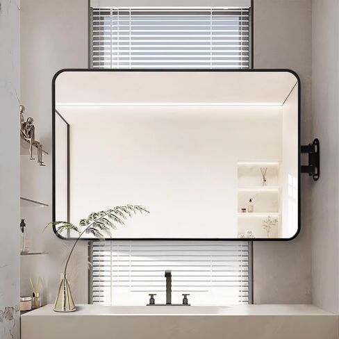 20x27.5in Rectangular Pivot Corner Mirror Bathroom,with Brushed Metal Frame, Swivel Extendable Arm, Rotating Tilting Corner Vanity Mirror, Vertical and Horizontal (Black) in Saudi Arabia