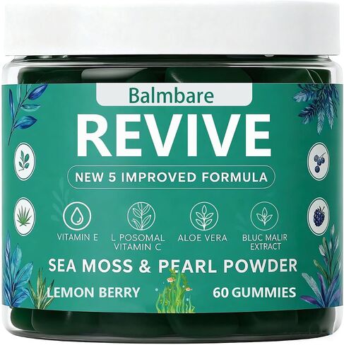 Balmbare Revive Gummies لتساقط الشعر، مع مسحوق لؤلؤ البحر الأيرلندي العضوي، وفيتامينات C وE، والصبار - يدعم نمو الشعر الصحي والبشرة والأظافر (قطعة واحدة) in Kuwait