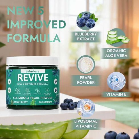 Balmbare Revive Gummies لتساقط الشعر، مع مسحوق لؤلؤ البحر الأيرلندي العضوي، وفيتامينات C وE، والصبار - يدعم نمو الشعر الصحي والبشرة والأظافر (قطعة واحدة) in Kuwait