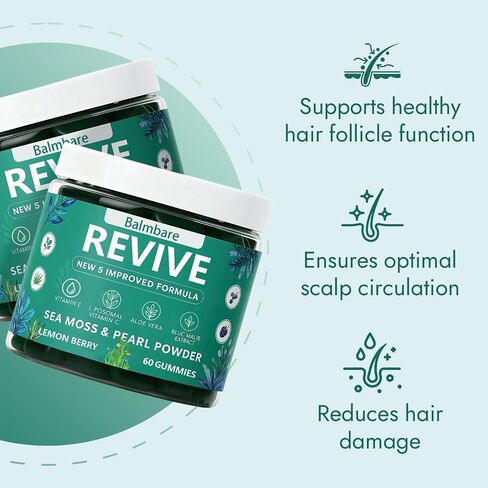 Balmbare Revive Gummies لتساقط الشعر، مع مسحوق لؤلؤ البحر الأيرلندي العضوي، وفيتامينات C وE، والصبار - يدعم نمو الشعر الصحي والبشرة والأظافر (قطعة واحدة) in Kuwait