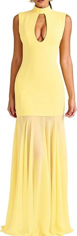 Yeenily Women Sleeveless Long Dresses Sexy Sheer Mesh Patchwork Flowy Bodycon Maxi Dress Formal Wedding Guest Dress in Saudi Arabia