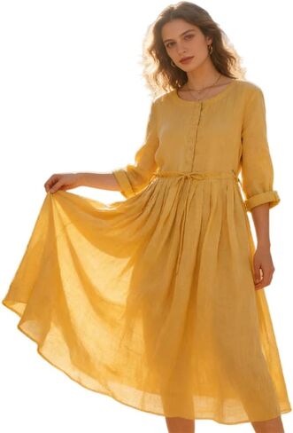 Women's Round Neck Pleated Three-Quarter Sleeve Dress in Kuwait