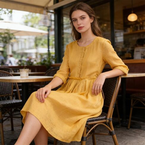 Women's Round Neck Pleated Three-Quarter Sleeve Dress in Kuwait