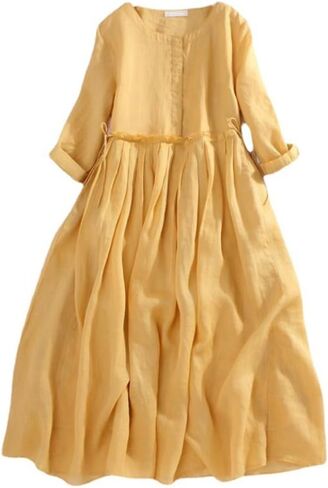 Women's Round Neck Pleated Three-Quarter Sleeve Dress in Kuwait