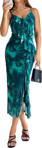 Simplee Women Floral Ruffle Bodycon Maxi Dress 2026 Summer Spaghetti Strap V Neck Mesh Slit Wedding Guest Beach Party Dresses in Saudi Arabia