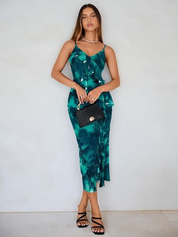 Simplee Women Floral Ruffle Bodycon Maxi Dress 2026 Summer Spaghetti Strap V Neck Mesh Slit Wedding Guest Beach Party Dresses in Saudi Arabia