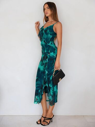Simplee Women Floral Ruffle Bodycon Maxi Dress 2026 Summer Spaghetti Strap V Neck Mesh Slit Wedding Guest Beach Party Dresses in Saudi Arabia