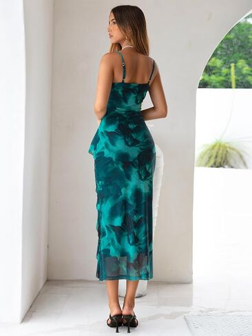 Simplee Women Floral Ruffle Bodycon Maxi Dress 2026 Summer Spaghetti Strap V Neck Mesh Slit Wedding Guest Beach Party Dresses in Saudi Arabia