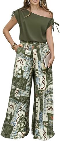 CHICME Women Summer 2 Piece Outfits Cold Shoulder Top Floral Print Wide Leg Pants Sets Travel Vacation Matching Set in Saudi Arabia