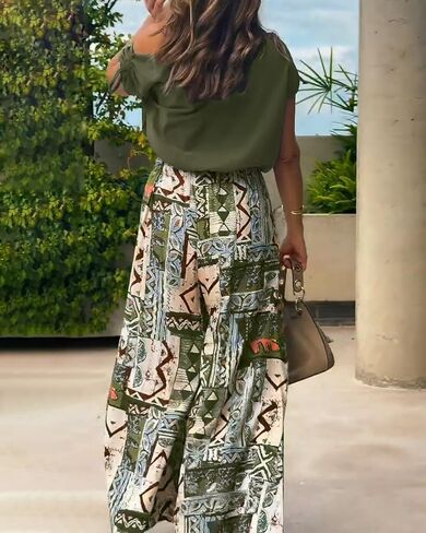 CHICME Women Summer 2 Piece Outfits Cold Shoulder Top Floral Print Wide Leg Pants Sets Travel Vacation Matching Set in Saudi Arabia